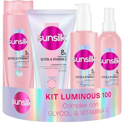Sunsilk Kit Luminous 100 Shampoo 250ml, Balsamo 180ml, Siero Capelli 200ml e Spray Extra Brillantezza 200ml, Set Cura Capelli Luminosi, Effetto Specchio con Glycol e Vitamina C Sunsilk Kit Luminous 100 Shampoo 250ml, Balsamo 180ml, Siero Capelli 200ml e Spray Extra Brillantezza 200ml, Set Cura Capelli Luminosi, Effetto Specchio con Glycol e Vitamina C