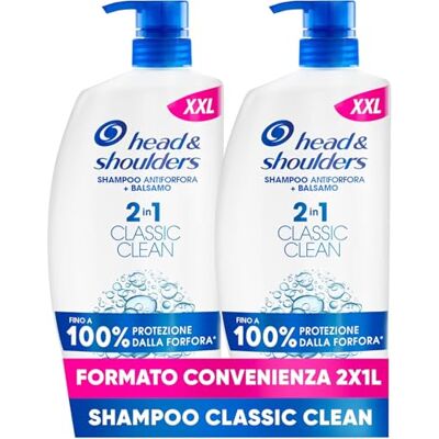 Head & Shoulders Shampoo e Balsamo Antiforfora 2in1 Classic Clean Per Cute E Capelli Grassi 2x1000ML Head & Shoulders Shampoo e Balsamo Antiforfora 2in1 Classic Clean Per Cute E Capelli Grassi 2x1000ML