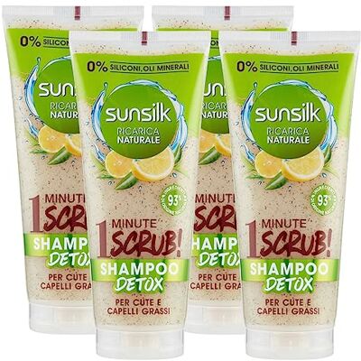 Sunsilk Shampoo Scrub Detox Ricarica Naturale per Cute e Capelli Grassi con Tè Verde e Limone Ingredienti di Origine Naturale Senza Siliconi 4 Flaconi da 200ml Sunsilk Shampoo Scrub Detox Ricarica Naturale per Cute e Capelli Grassi con Tè Verde e Limone Ingredienti di Origine Naturale Senza Siliconi 4 Flaconi da 200ml