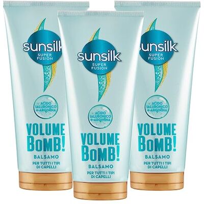 Sunsilk Volume Bomb Balsamo per Tutti i Tipi di Capelli Formula Super Fusion 24h con Acido Ialuronico ed Arginina ad Azione Nutriente Idratante Volumizzante Illuminante 3 Flaconi da 180ml Sunsilk Volume Bomb Balsamo per Tutti i Tipi di Capelli Formula Super Fusion 24h con Acido Ialuronico ed Arginina ad Azione Nutriente Idratante Volumizzante Illuminante 3 Flaconi da 180ml