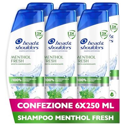 Head & Shoulders Menthol Fresh Shampoo Antiforfora 250ml Formato Convenienza X6, Uso Quotidiano. Fino al 100% Protezione dalla Forfora. Clinicamente Testato. Tutti i Tipi di Cute e Capelli Head & Shoulders Menthol Fresh Shampoo Antiforfora 250ml Formato Convenienza X6, Uso Quotidiano. Fino al 100% Protezione dalla Forfora. Clinicamente Testato. Tutti i Tipi di Cute e Capelli