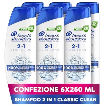 Head & Shoulders Shampoo e Balsamo Antiforfora 2 in 1 Classic Clean, Sensazione Di Freschezza 6x250ml Head & Shoulders Shampoo e Balsamo Antiforfora 2 in 1 Classic Clean, Sensazione Di Freschezza 6x250ml
