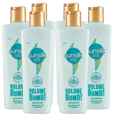 Sunsilk Volume Bomb Shampoo per Tutti i Tipi di Capelli Formula Super Fusion 24h con Acido Ialuronico e Arginina Azione Idratante Volumizzante 6 Flaconi da 220ml Sunsilk Volume Bomb Shampoo per Tutti i Tipi di Capelli Formula Super Fusion 24h con Acido Ialuronico e Arginina Azione Idratante Volumizzante 6 Flaconi da 220ml