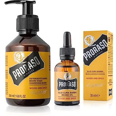Proraso Set per Cura della Barba Lunga Wood and Spice, Set con Detergente Barba 200 ml e Olio Barba 30 ml dalla fragranza speziata e legnosa, Made in Italy Proraso Set per Cura della Barba Lunga Wood and Spice, Set con Detergente Barba 200 ml e Olio Barba 30 ml dalla fragranza speziata e legnosa, Made in Italy