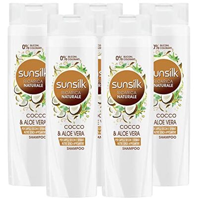 Sunsilk 5x Shampoo Ricarica Naturale Nutriente con Cocco e Aloe Vera per Capelli Secchi e Sfibrati 5 Flaconi da 250 ml Sunsilk 5x Shampoo Ricarica Naturale Nutriente con Cocco e Aloe Vera per Capelli Secchi e Sfibrati 5 Flaconi da 250 ml