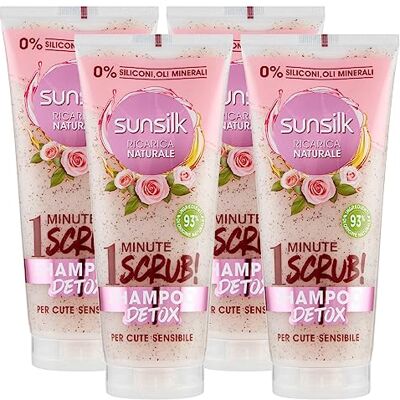 Sunsilk Shampoo Scrub Detox Ricarica Naturale per Cute e Capelli Sensibili con Estratti di Rosa Ingredienti di Origine Naturale Senza Siliconi 4 Flaconi da 200ml Sunsilk Shampoo Scrub Detox Ricarica Naturale per Cute e Capelli Sensibili con Estratti di Rosa Ingredienti di Origine Naturale Senza Siliconi 4 Flaconi da 200ml