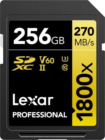 Lexar SDXC Professional 256GB 1800x UHS-II serie GOLD, Classe 10, U3, V60, per Registrazione video in 4K, nero