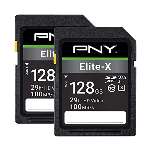 PNY Scheda di memoria flash Elite-X classe 10 U3 V30 SDXC da 128 GB, confezione da 2, 100 MB/s, classe 10, U3, V30, 4K UHD, Full HD, UHS-I, SD Full Size