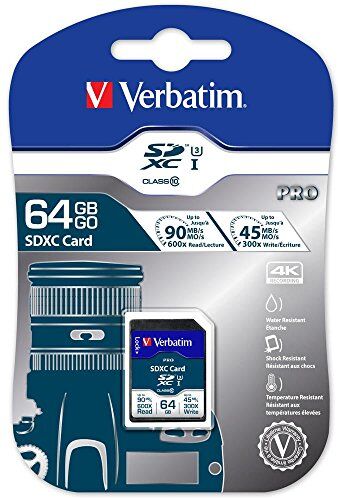 Verbatim 47022 SDXC PRO Class 10 UHS-I U3 Flash Card SD, 64GB, Nero