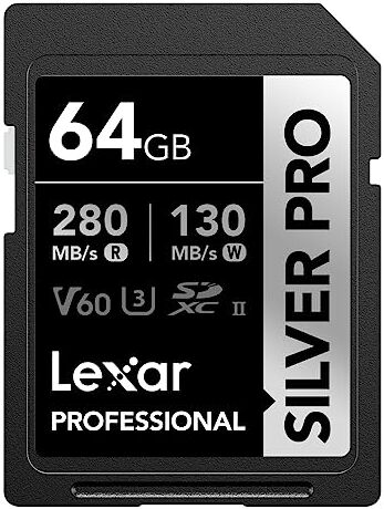 Lexar Silver Pro SD Scheda SD 64GB, Scheda di memoria UHS-II, V60, U3, C10, Scheda SDXC, Fino a 280 MB/s di lettura, per Fotografi Professionisti, Videografi, Appassionati (LSDSIPR064G-BNNAA)