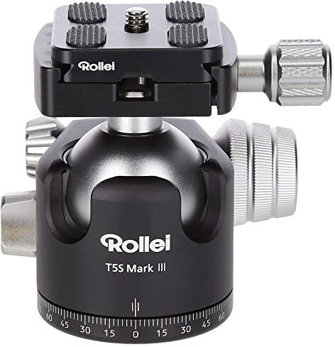 Rollei T5S Mark III Treppiede professionale per fotocamera a 360 gradi, portata 14 kg, scala per scatti panoramici e 2 livelle, incl. piastra a sgancio rapido compatibile Acra Swiss, Nero, 22971