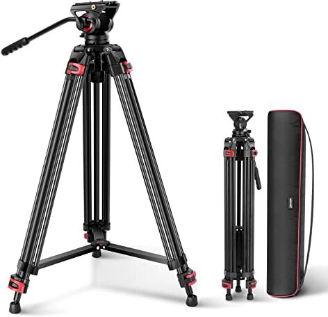 NEEWER Treppiede Video Pro 74" con Testa Fluida, Treppiede Alluminio Resistente con Testa Pan 360°e Incli -70°/+90° Piastra Sgancio Rapido e Divaricatore di Livello Medio per Fotocamera, Max 8kg, GM88