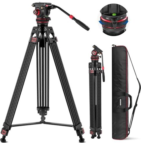 NEEWER 78" Treppiede Video Pro in Fibra Carbonio Treppiede Testa Fluida Pan 360° Incli 145°, Cavalletto per Fotocamera DSLR Resistente Piastra QR Compatibile con DJI Gimbals Manfrotto, Max 22lb, TP76