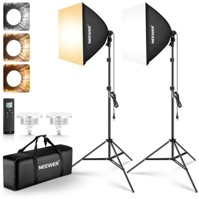 NEEWER Kit Illuminazione Softbox 60x60cm e Stativi (2pz), Lampadine LED Bicolore 2.4G 45W, 10 Canali 2900K-7000K 1400lx/m CRI95, Controllo Remoto 20m, Set Illuminazione Continua per Fotografia, NK103 NEEWER Kit Illuminazione Softbox 60x60cm e Stativi (2pz), Lampadine LED Bicolore 2.4G 45W, 10 Canali 2900K-7000K 1400lx/m CRI95, Controllo Remoto 20m, Set Illuminazione Continua per Fotografia, NK103