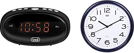 Trevi EC 880 Orologio Digitale con Due Sveglie, Suoneria Elettronica, Funzione Snooze, Funzione Dimmer, Nero & OM 3301 Orologio da Muro al Quarzo con Movimento Silenzioso Sweep, Diametro 24 cm, Nero