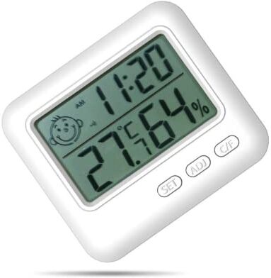 Genérico Termometro digitale per interni Mini portatile con orologio, termostato e misuratore di temperatura e sensore di umidità per ambiente di casa/ufficio con logo comfort, schermo LCD ad alta precisione