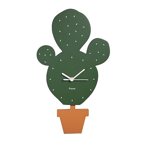 Fisura Originale orologio da parete a forma di cactus. Orologio da parete silenzioso 38 x 20 centimetri. Orologio da cucina verde. Orologio a pendolo in legno e ABS. 1 batteria AA.