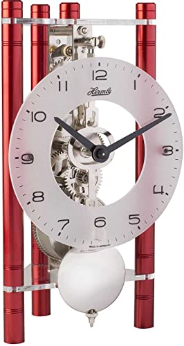 Hermle Orologio da tavolo a scheletro con colonne in alluminio anodizzato – Triangolo , quadrante arabo, vetro rosso, fabbrica nichelata, 19,5 cm x 11 cm x 9 cm