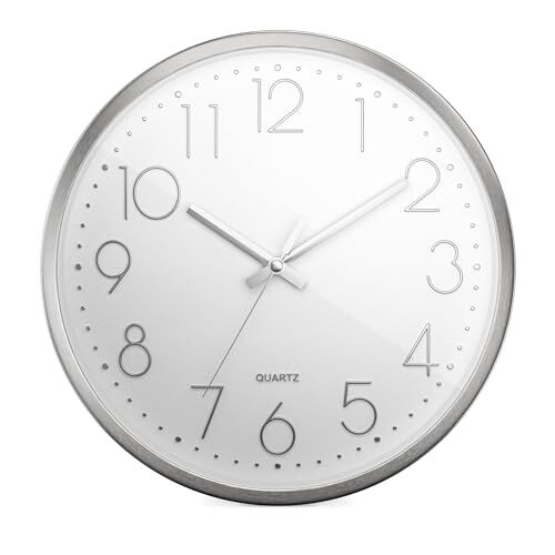 Mebus Orologio da parete al quarzo, silenzioso, senza ticchettio, telaio in alluminio, quadrante arabo, numeri 3D, lancette in alluminio, 30 cm, colore: argento/bianco