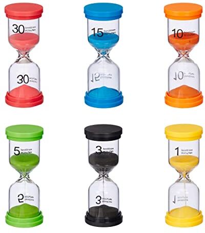 Relaxdays Clessidra, Set 6 Timer Cucina 1, 3, 5, 10, 15, 30 Minuti, 11 x 4,5 cm Orologio Bambini, Colorato, 40% plastica Vetro 30% Sabbia