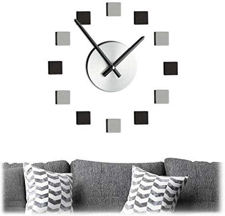 Relaxdays Orologio da Parete Adesivo DIY, Grande, Fai da Te, Quadrante Moderno, 3D, da Muro, argeno/Nero/Grigio, Eva, Metallo, Argento, 110 cm