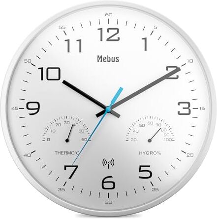 Mebus Orologio da parete radiocontrollato moderno con indicatore di temperatura e umidità, 30 cm, orologio radio soggiorno, orologio da cucina/modello:  / colore: bianco