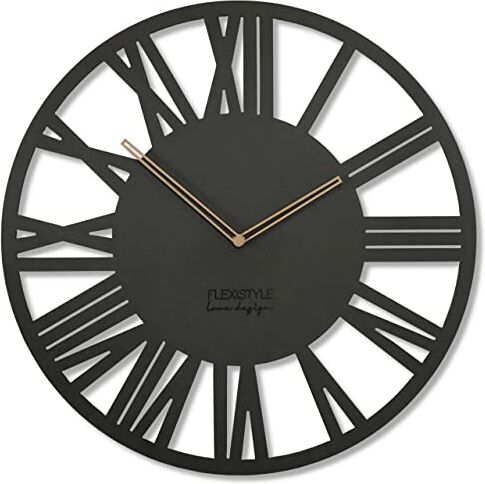 FLEXISTYLE Orologio da parete grande Adulto diametro 50 cm LOFT Retro in legno rovere senza ticchettio soggiorno (nero)