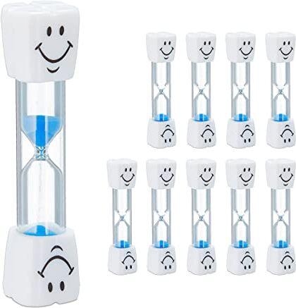 Relaxdays Clessidra Denti Bambini, Set 10 Gadget Timer Bimbi, Orologio 3 Minuti, Vetro e Sabbia, Silenzioso, Bianco/Blu