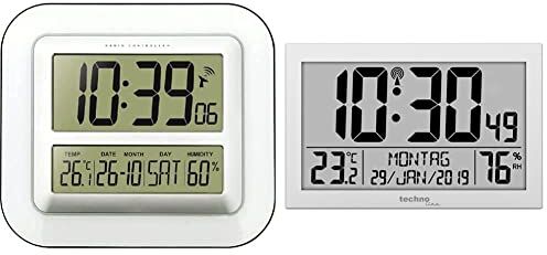 technoline WS 8006 Orologio Radio, Plastica, Argento/Bianco, 23.5 x 2.7 x 19.5 cm & WS8016 WS 8016 Orologio da parete radiocontrollato con indicatore di temperatura, in plastica