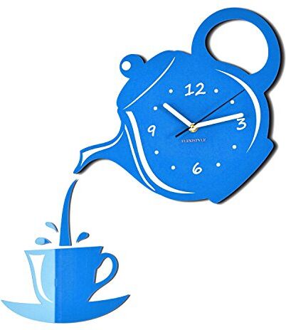 FLEXISTYLE Orologio da Parete Moderno per la Cucina, Tazza e brocca, 45 cm x 45 cm, 3D, Silenzioso, Design, Made in EU (Blu)