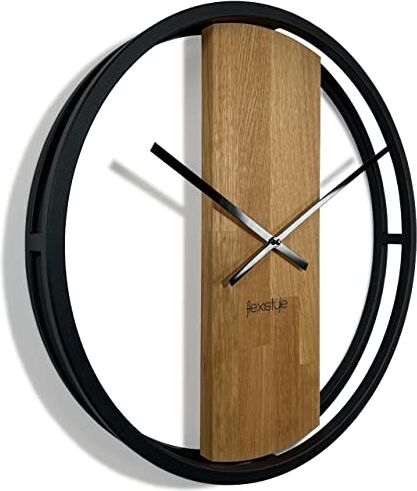 FLEXISTYLE Orologio da parete grande, ovale, senza ticchettio, stile LOFT in metallo e legno, 3D, misura XXL, adatto per bagno e soggiorno, colore nero (diametro di 50 cm)