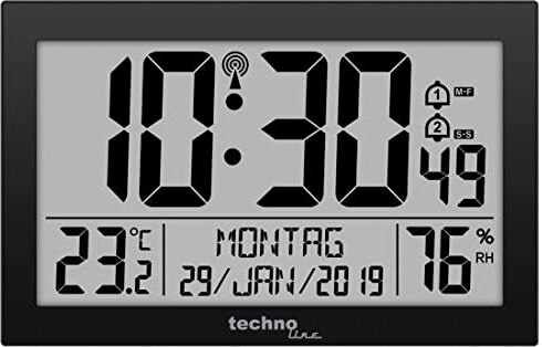 Technoline 8016 WS8016 Orologio radio da parete con indicatore di temperatura, in plastica, nero, 225 x 143 x 24 mm, WS8016, 225 x 24 x 143 mm