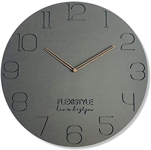 FLEXISTYLE Orologio da parete moderni ECO GRIGIO 50cm nero, Camera da letto, soggiorno, ufficio, silenzioso, fatto in Europa