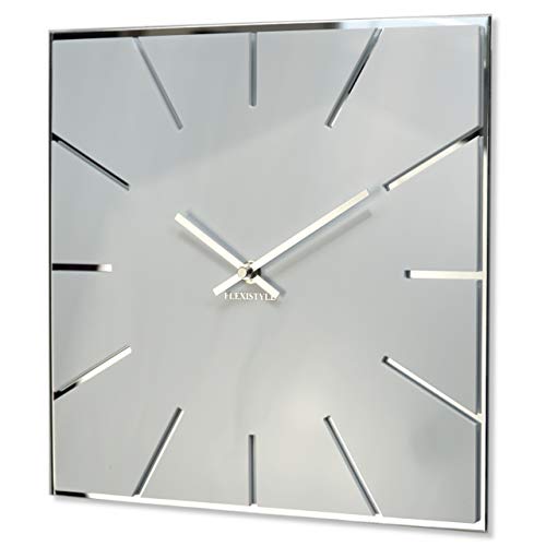 FLEXISTYLE Orologio da parete quadrato Exact 30 cm di diametro, senza ticchettio, moderno, design in vetro acrilico e specchio acrilico, soggiorno, camera da letto (bianco)