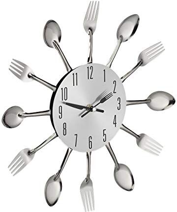 Relaxdays Orologio da Cucina con Posate, Forchette & Cucchiai, Ø 31 cm, Metallo, a Batterie, Silenzioso, argento