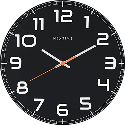 NEXTIME Classy Round Orologio da Parete, Glass, Nero, 30 cm