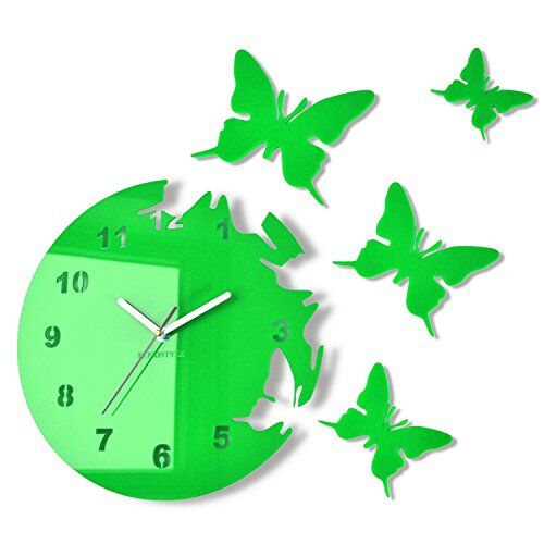 FLEXISTYLE Orologio da Parete Salotto Tondo Moderno Farfalle Verde Decorativo Silenzioso 30 cm