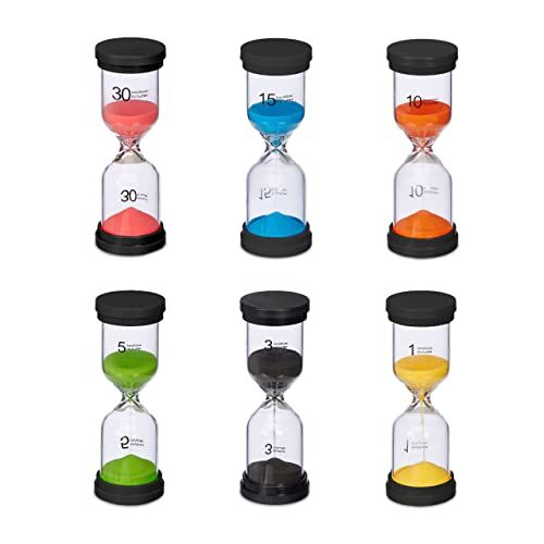 Relaxdays Clessidra, Set 6 Timer Cucina 1, 3, 5, 10, 15, 30 Minuti, 16 x 5,5 cm Orologio Bambini, Colorato, 40% plastica Vetro 30% Sabbia