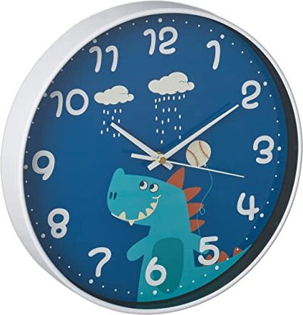 Relaxdays Orologio da Parete Bambine, Tema Dinosauro, Analogico, Ø 30 cm, Muro Cameretta Ragazzi, Colorato, 80% plastica 20% Vetro