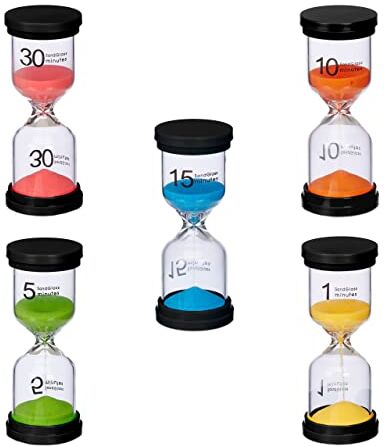 Relaxdays Clessidra, Set 5 Timer Cucina 1, 5, 10, 15, 30 Minuti, 11 x 4,5 cm Orologio per Bambini, Colorato, 40% Vetro plastica 30% Sabbia