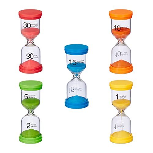 Relaxdays Clessidra, Set 5 Timer Cucina 1, 5, 10, 15, 30 Minuti, 11 x 4,5 cm Orologio per Bambini, Colorato, 40% plastica Vetro 30% Sabbia