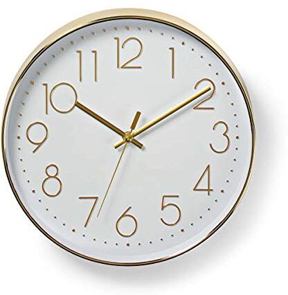 NEDIS Orologio da parete bianco per soggiorno, cucina o camera da letto, diametro 30 cm, in vetro, analogico, con numeri facili da leggere, colore: oro