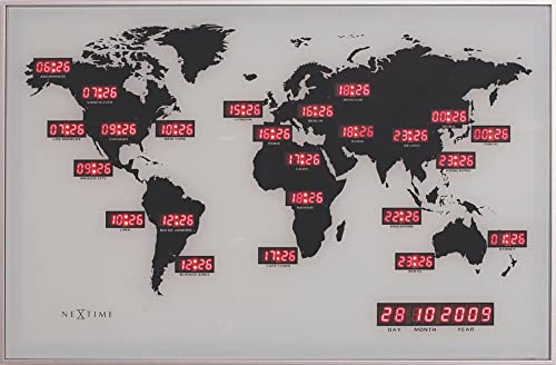 NEXTIME World Time Digit Mappamondo con Fusi Orari da Parete [Importato da Unione Europea e Regno Unito], multicolore, alluminio