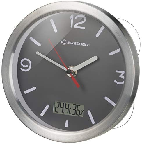 BRESSER Mytime  Orologio da parete termico/igrometro con termometro e igrometro con 4 potenti ventose per appendere o appoggiare, colore: grigio, 17 cm