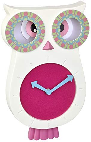 TFA DOSTMANN  Orologio da parete per bambini Lucy, silenzioso, a forma di gufo, ideale per la cameretta, 110 x 70 x 330 mm (lunghezza x larghezza x altezza), colore: rosa