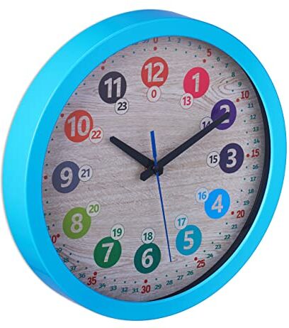 Relaxdays Orologio da Parete per Bambini, Analogico, Ø 30 cm, da Muro Cameretta Ragazzi, per Imparare l'Ora, Blu