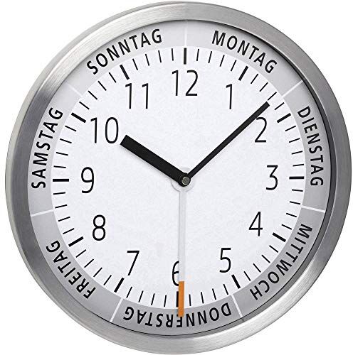 TFA Dostmann  Orologio da parete analogico con giorno della settimana, con coperchio in vetro, diametro 30 cm, colore: Bianco