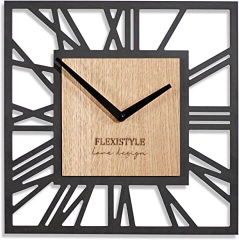 FLEXISTYLE Orologio da parete senza ticchettio, moderno LOFT Piccolo Square, 30 cm, soggiorno, bagno (rovere nero)