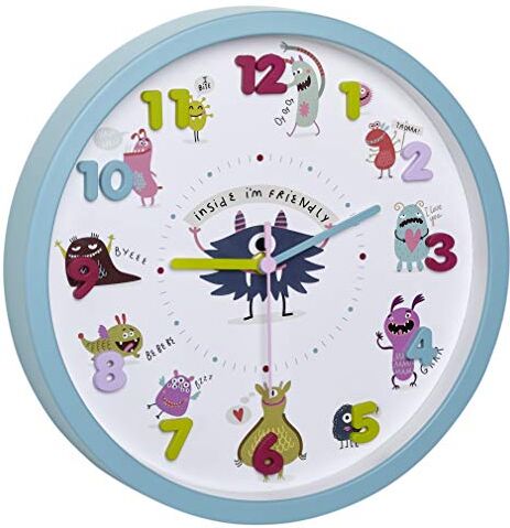 TFA Dostmann Little Monsters Orologio da Parete, Motivo: Mostri, Silenzioso, Ideale per la cameretta dei Bambini, Plastica Vetro, Turchese, L 309 x B 44 x H 309 mm