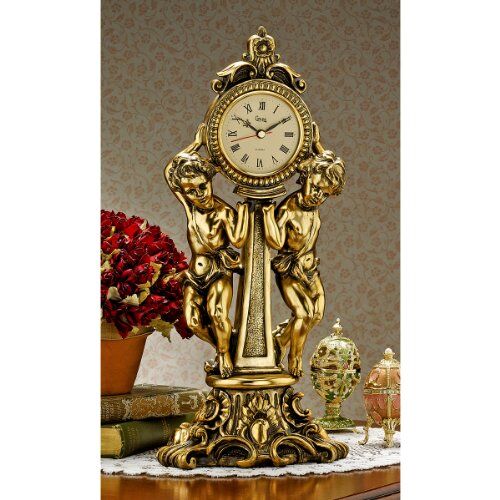 Design Toscano Orologio da Mensola Cherubini Gemelli di Amboise, Oro, 15x19x42 cm